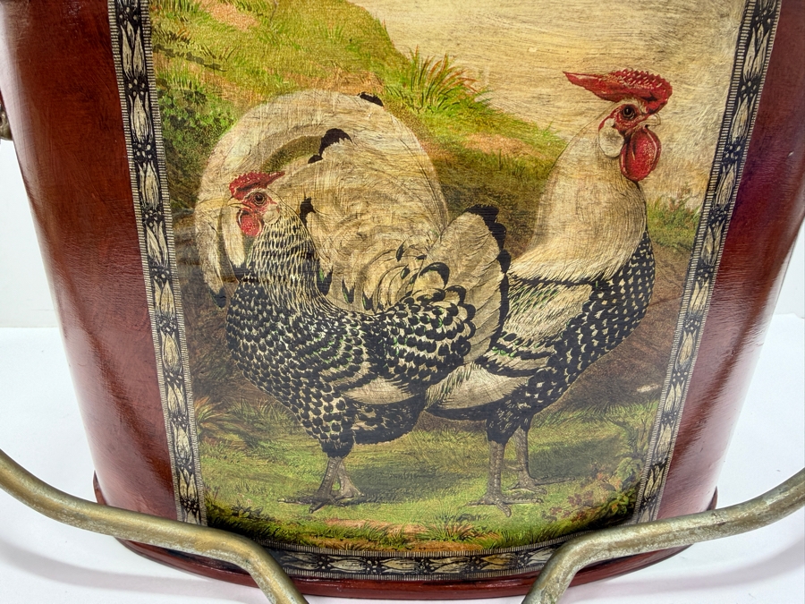 Vintage Farmhouse Style Rooster And Hen Metal Toleware Bucket With Hand-Painted Folk Art And Rustic Gold Accents 15'W X 9'D X 10'H (RSF) [Photo 7]