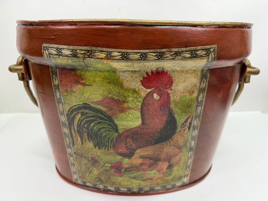 Vintage Farmhouse Style Rooster And Hen Metal Toleware Bucket With Hand-Painted Folk Art And Rustic Gold Accents 15'W X 9'D X 10'H (RSF) [Photo 2]