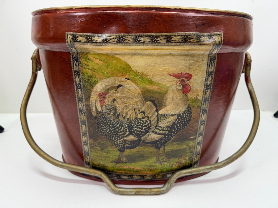 Vintage Farmhouse Style Rooster And Hen Metal Toleware Bucket With Hand-Painted Folk Art And Rustic Gold Accents 15'W X 9'D X 10'H (RSF) [Photo 6]