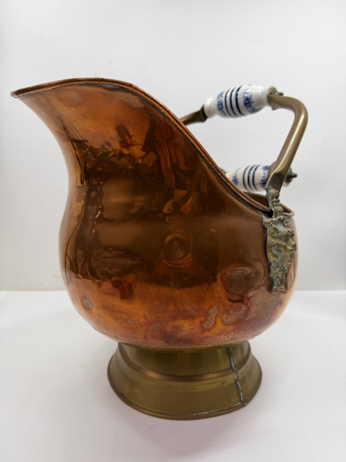 Vintage Copper And Brass Coal Scuttle With Ceramic Handles 15W X 12D X 13H (RSF) [Photo 2]