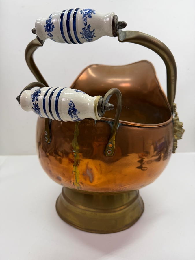 Vintage Copper And Brass Coal Scuttle With Ceramic Handles 15W X 12D X 13H (RSF) [Photo 6]