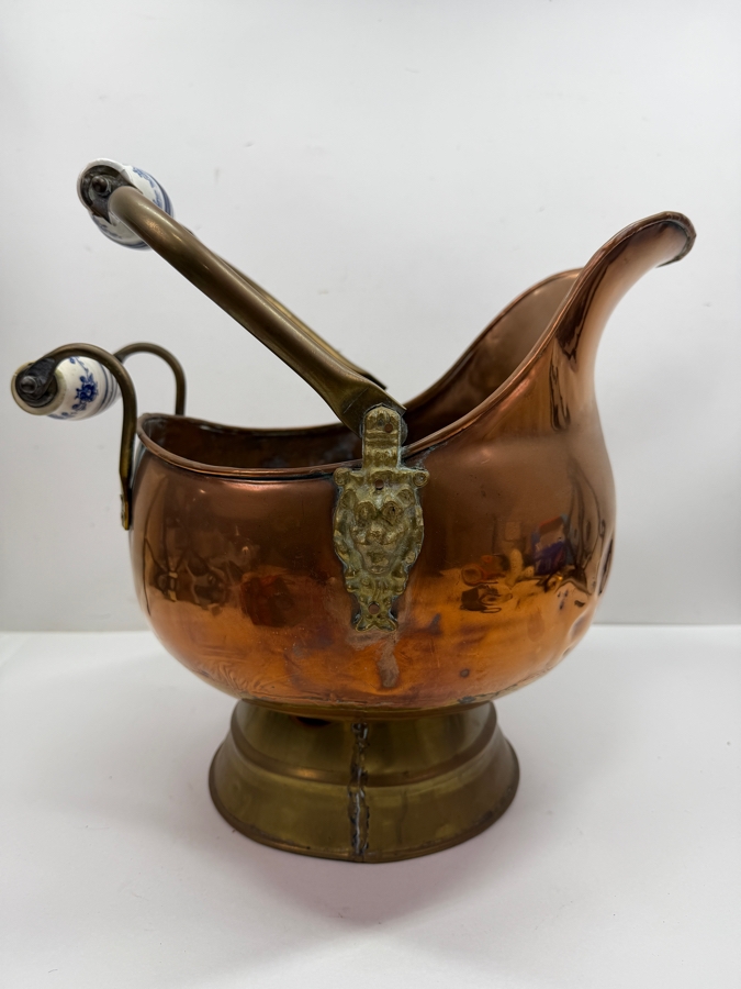 Vintage Copper And Brass Coal Scuttle With Ceramic Handles 15W X 12D X 13H (RSF) [Photo 4]