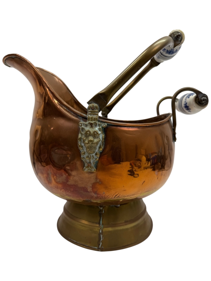 Vintage Copper And Brass Coal Scuttle With Ceramic Handles 15W X 12D X 13H (RSF)