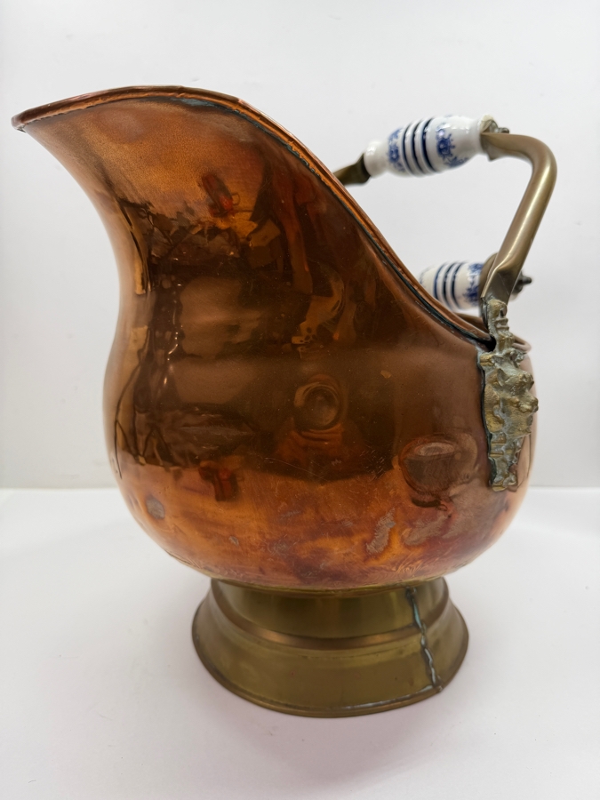 Vintage Copper And Brass Coal Scuttle With Ceramic Handles 15W X 12D X 13H (RSF) [Photo 3]