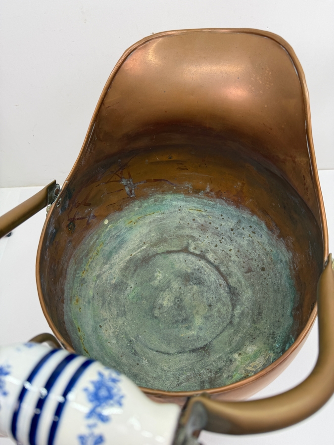 Vintage Copper And Brass Coal Scuttle With Ceramic Handles 15W X 12D X 13H (RSF) [Photo 7]