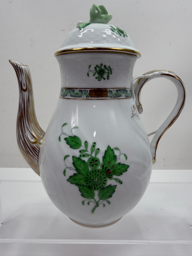 Herend Chinese Bouquet Apponyi Green Hand-Painted Porcelain Coffee Pot With Rose Finial And 24kt Gold Accents 8.5'H (RSF) [Photo 2]