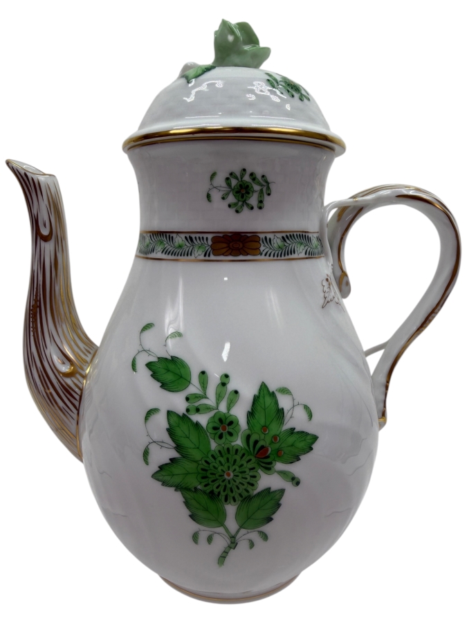 Herend Chinese Bouquet Apponyi Green Hand-Painted Porcelain Coffee Pot With Rose Finial And 24kt Gold Accents 8.5'H (RSF)