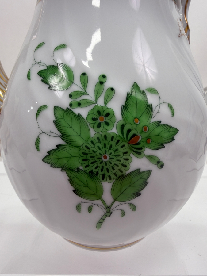 Herend Chinese Bouquet Apponyi Green Hand-Painted Porcelain Coffee Pot With Rose Finial And 24kt Gold Accents 8.5'H (RSF) [Photo 3]