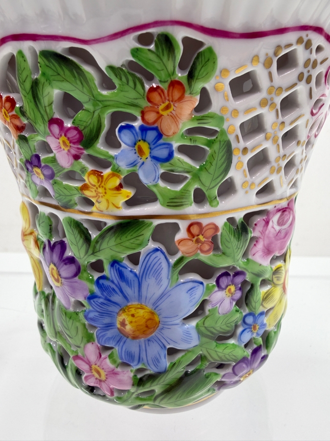 Herend Hand-Painted Pierced Openwork Double Wall Floral Porcelain Vase #6420 5.25'W X 4.75'H (RSF) [Photo 4]