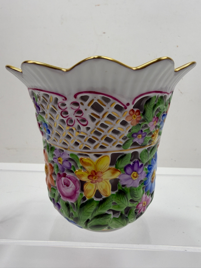 Herend Hand-Painted Pierced Openwork Double Wall Floral Porcelain Vase #6420 5.25'W X 4.75'H (RSF) [Photo 2]