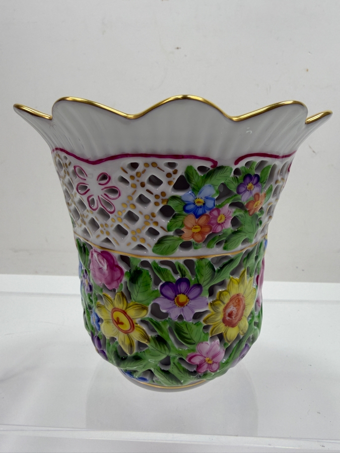 Herend Hand-Painted Pierced Openwork Double Wall Floral Porcelain Vase #6420 5.25'W X 4.75'H (RSF) [Photo 5]