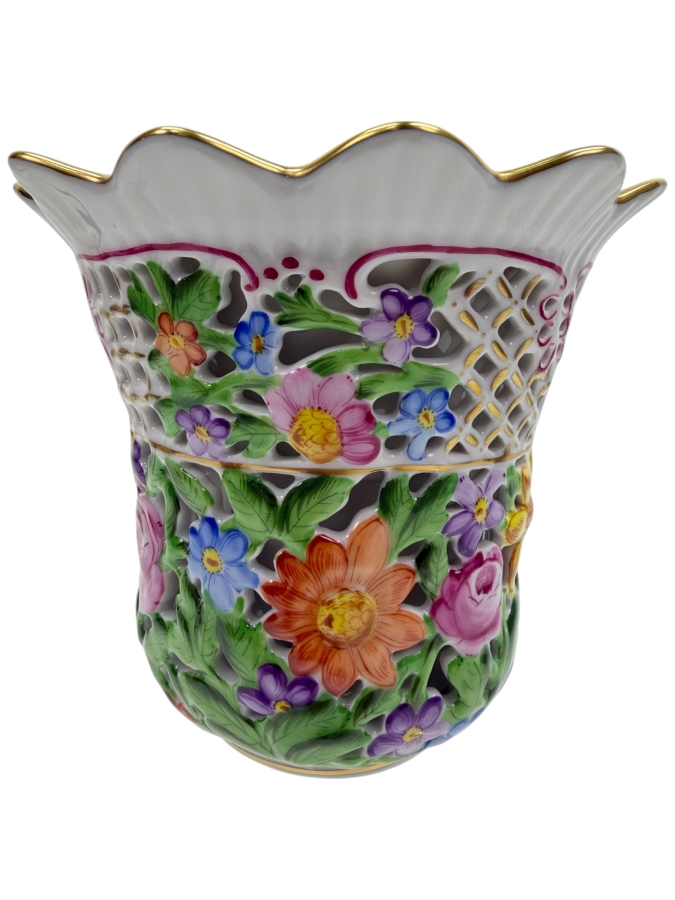 Herend Hand-Painted Pierced Openwork Double Wall Floral Porcelain Vase #6420 5.25'W X 4.75'H (RSF)