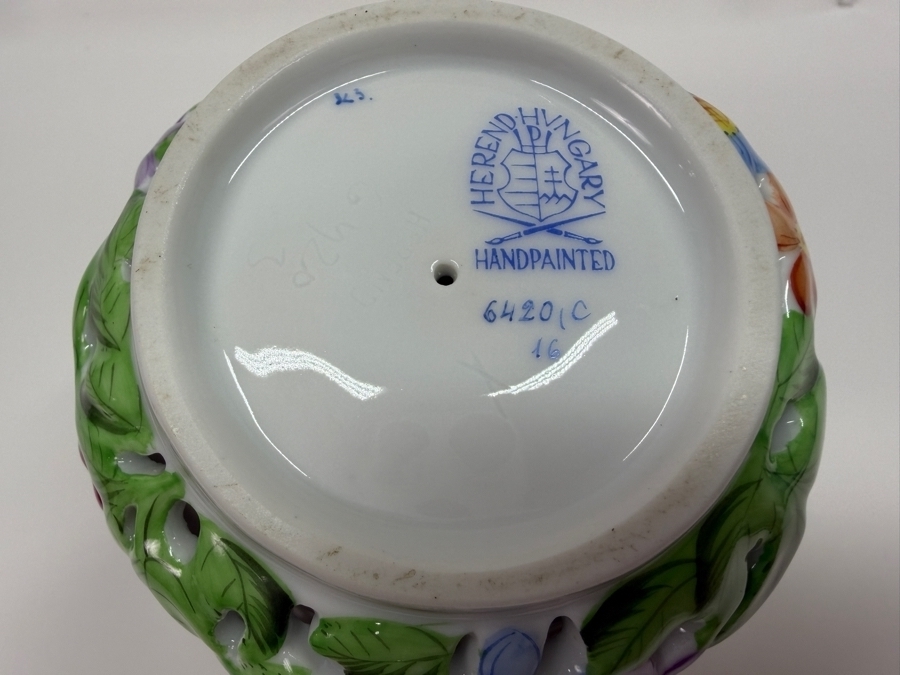Herend Hand-Painted Pierced Openwork Double Wall Floral Porcelain Vase #6420 5.25'W X 4.75'H (RSF) [Photo 6]
