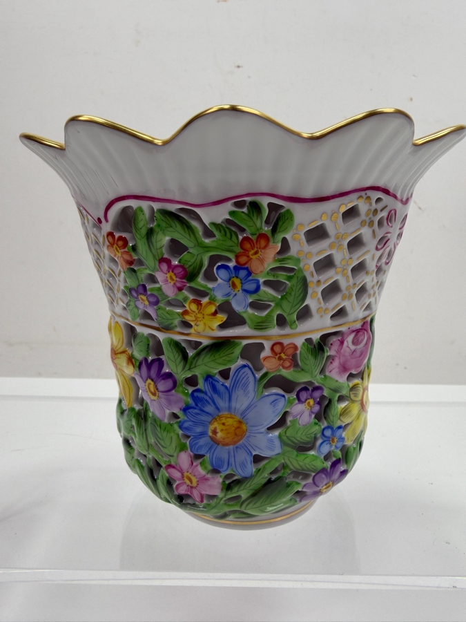 Herend Hand-Painted Pierced Openwork Double Wall Floral Porcelain Vase #6420 5.25'W X 4.75'H (RSF) [Photo 3]