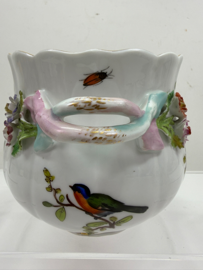 Antique Meissen Hand-Painted Porcelain Cachepot With Bird Motif And Applied Floral Relief, Knob Period Mark, 1860-1924 6.5'W X 4.75'H (RSF) [Photo 6]
