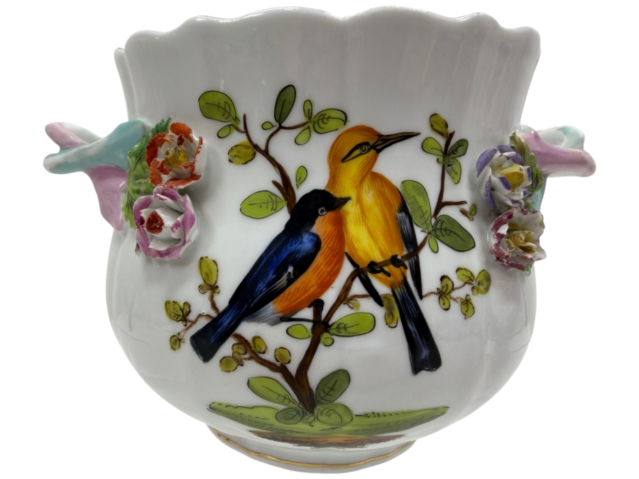 Antique Meissen Hand-Painted Porcelain Cachepot With Bird Motif And Applied Floral Relief, Knob Period Mark, 1860-1924 6.5'W X 4.75'H (RSF)