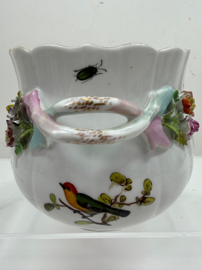 Antique Meissen Hand-Painted Porcelain Cachepot With Bird Motif And Applied Floral Relief, Knob Period Mark, 1860-1924 6.5'W X 4.75'H (RSF) [Photo 3]