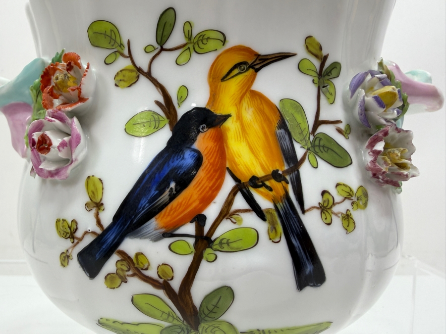 Antique Meissen Hand-Painted Porcelain Cachepot With Bird Motif And Applied Floral Relief, Knob Period Mark, 1860-1924 6.5'W X 4.75'H (RSF) [Photo 2]