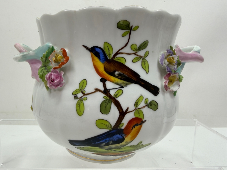Antique Meissen Hand-Painted Porcelain Cachepot With Bird Motif And Applied Floral Relief, Knob Period Mark, 1860-1924 6.5'W X 4.75'H (RSF) [Photo 4]