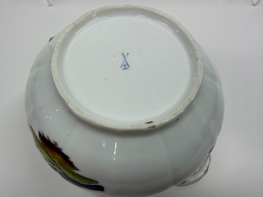 Antique Meissen Hand-Painted Porcelain Cachepot With Bird Motif And Applied Floral Relief, Knob Period Mark, 1860-1924 6.5'W X 4.75'H (RSF) [Photo 8]