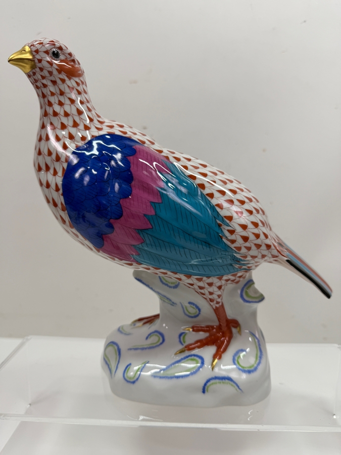 Herend Hungary Hand-Painted Porcelain Large Partridge Figurine Model 5071 In Rust Fishnet Pattern Dated June 1996 9'H (RSF) [Photo 2]