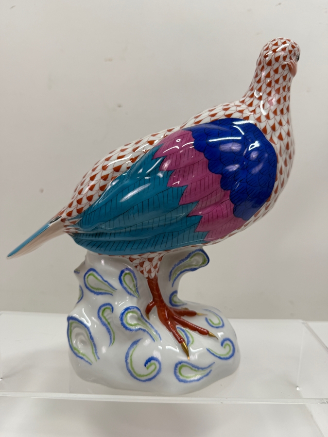 Herend Hungary Hand-Painted Porcelain Large Partridge Figurine Model 5071 In Rust Fishnet Pattern Dated June 1996 9'H (RSF) [Photo 5]