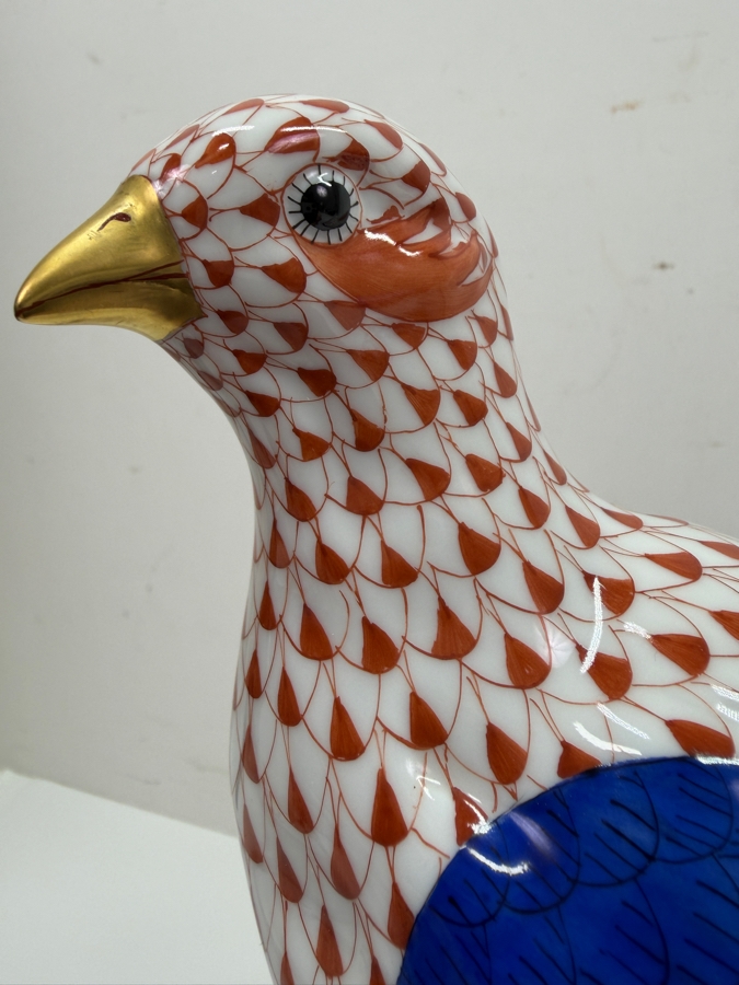 Herend Hungary Hand-Painted Porcelain Large Partridge Figurine Model 5071 In Rust Fishnet Pattern Dated June 1996 9'H (RSF) [Photo 3]