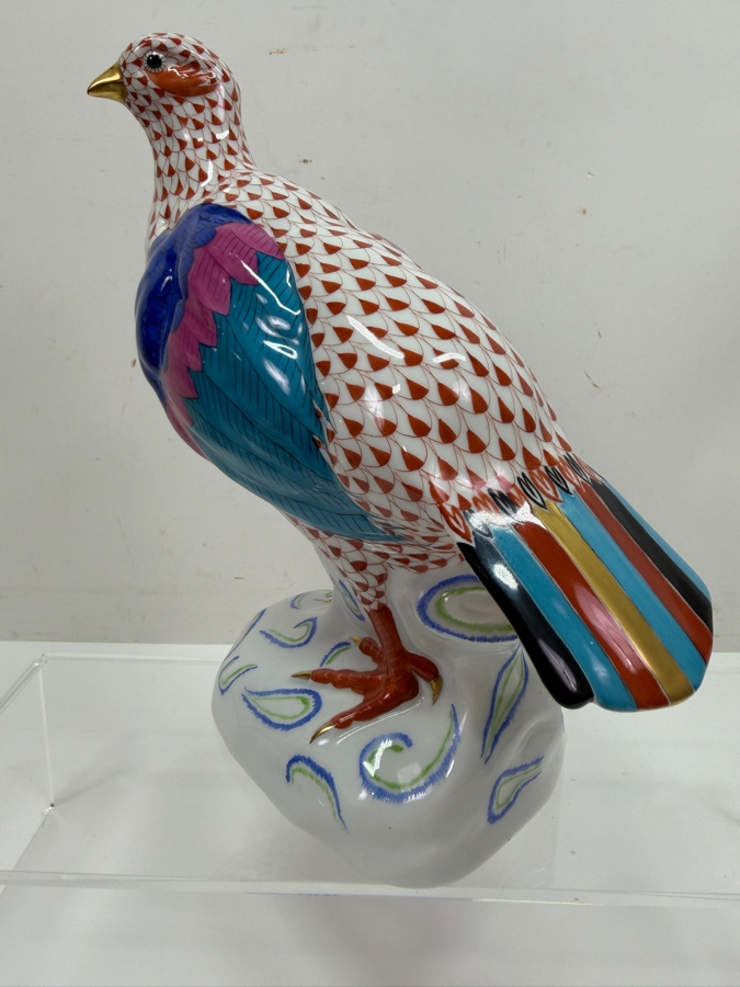 Herend Hungary Hand-Painted Porcelain Large Partridge Figurine Model 5071 In Rust Fishnet Pattern Dated June 1996 9'H (RSF) [Photo 4]