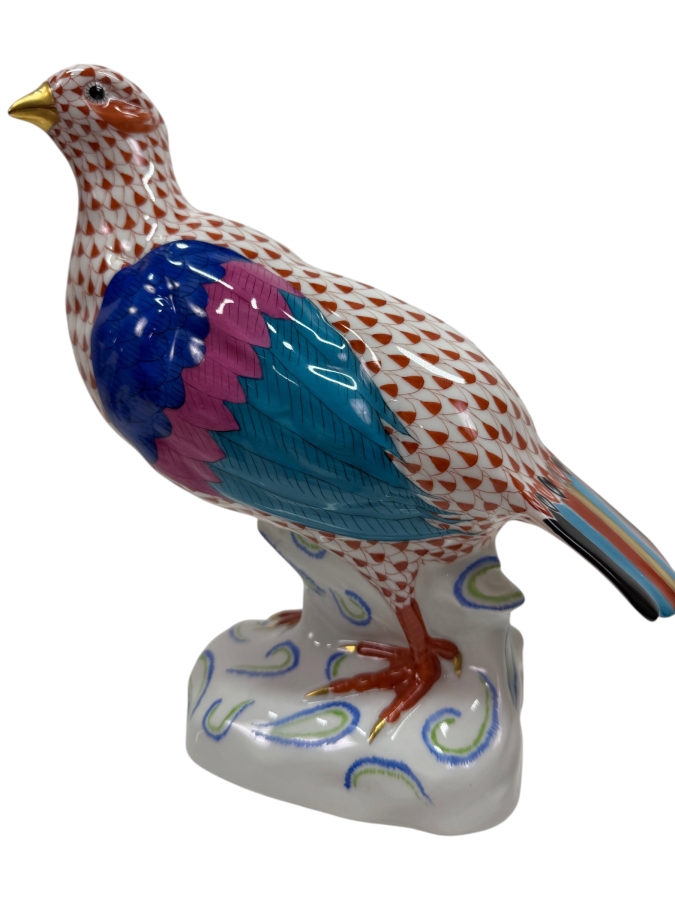 Herend Hungary Hand-Painted Porcelain Large Partridge Figurine Model 5071 In Rust Fishnet Pattern Dated June 1996 9'H (RSF)