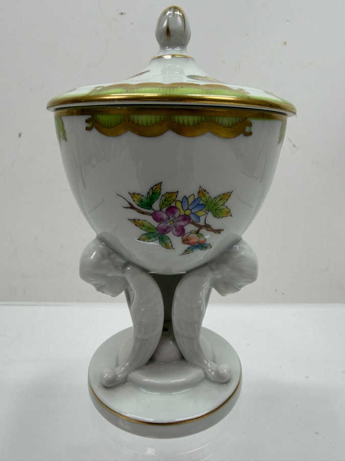 Herend Queen Victoria VBO Pattern 6085 Hand-Painted Porcelain Cherub-Footed Lidded Bonbonniere 5.75'H (RSF) [Photo 2]