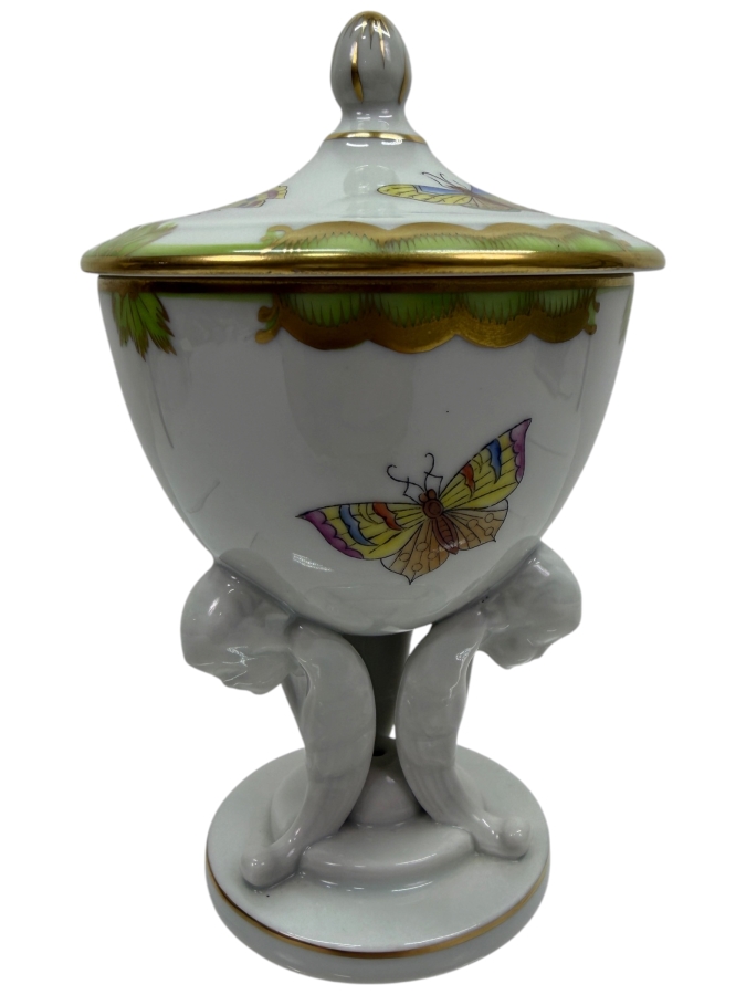 Herend Queen Victoria VBO Pattern 6085 Hand-Painted Porcelain Cherub-Footed Lidded Bonbonniere 5.75'H (RSF)