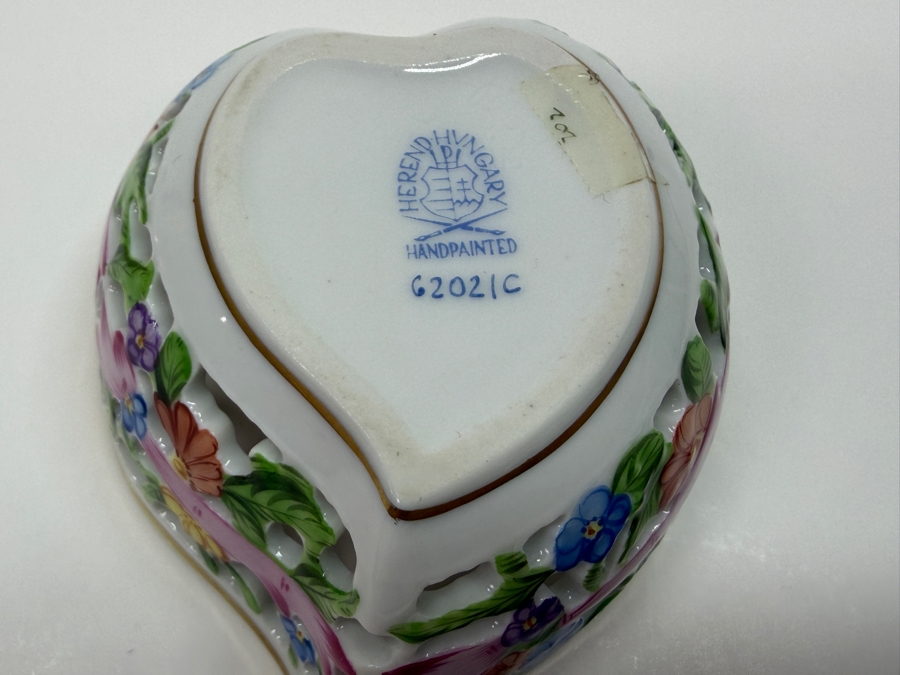 Herend Hand-Painted Reticulated Heart Shaped Porcelain Bonbonnière With Naturalistic Flowers Model 6202/C 3'W X 3'D X 2'H (RSF) [Photo 5]