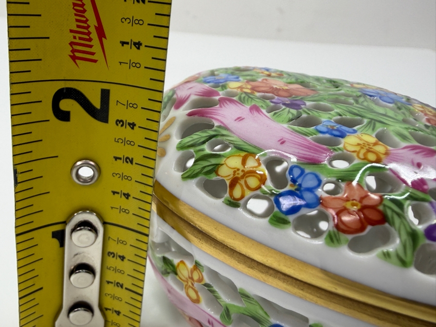 Herend Hand-Painted Reticulated Heart Shaped Porcelain Bonbonnière With Naturalistic Flowers Model 6202/C 3'W X 3'D X 2'H (RSF) [Photo 9]