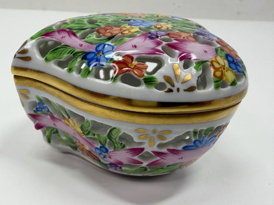 Herend Hand-Painted Reticulated Heart Shaped Porcelain Bonbonnière With Naturalistic Flowers Model 6202/C 3'W X 3'D X 2'H (RSF) [Photo 3]