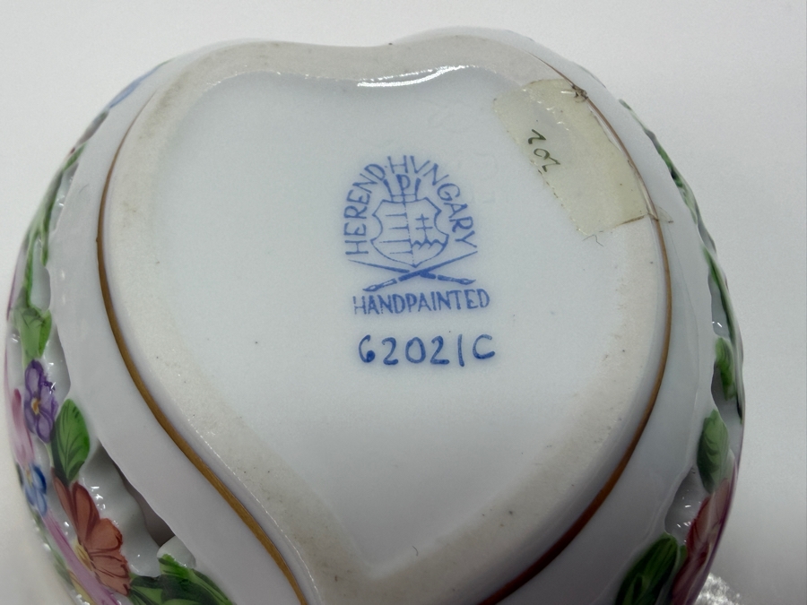 Herend Hand-Painted Reticulated Heart Shaped Porcelain Bonbonnière With Naturalistic Flowers Model 6202/C 3'W X 3'D X 2'H (RSF) [Photo 6]