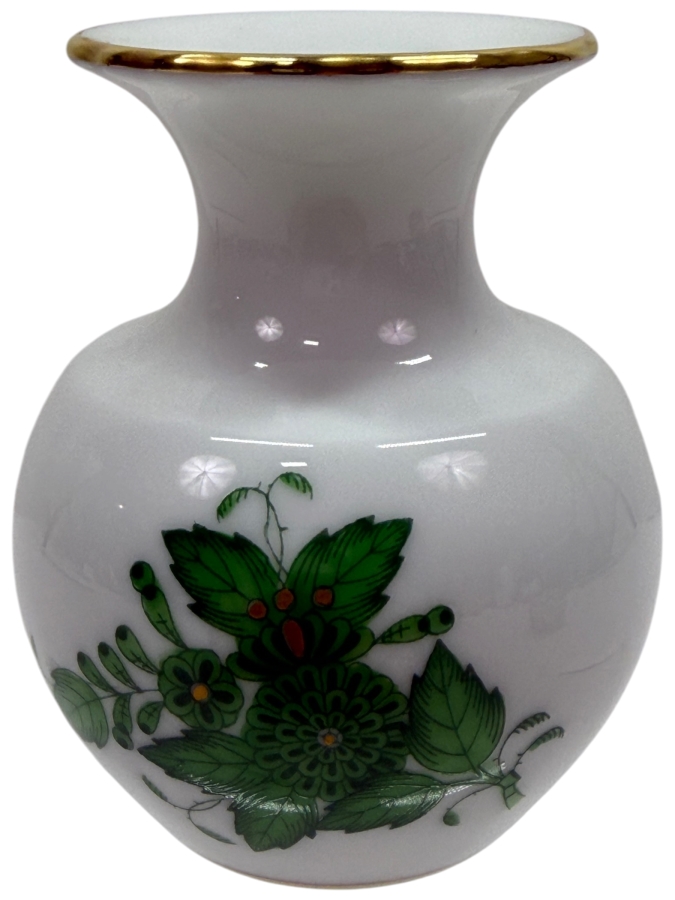 Herend Porcelain Bud Vase In The Chinese Bouquet Green Pattern With 24K Gold Accents On Rim 2.75'H (RSF)

