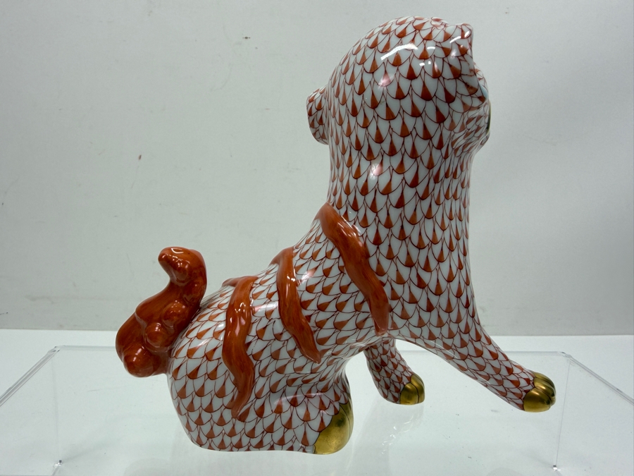 Vintage Herend Hungary Hand Painted Foo Dog / Guardian Lion Figurine With 24k Gold Accents And Rust Fishnet Pattern 6.5W X 6H Estimate $450-$800 (RSF) [Photo 4]
