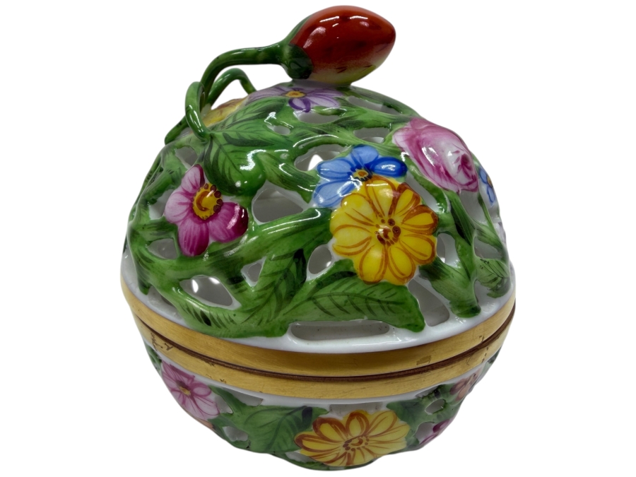 Herend Hand-Painted Reticulated Porcelain Floral Potpourri Box With Strawberry Finial 3'W X 3'H (RSF)