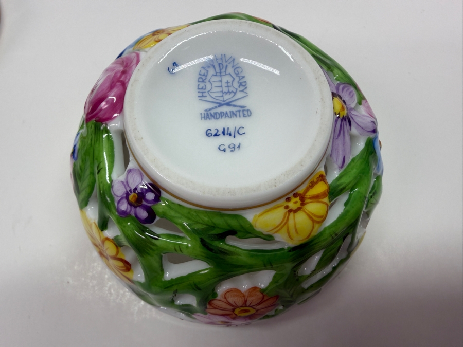 Herend Hand-Painted Reticulated Porcelain Floral Potpourri Box With Strawberry Finial 3'W X 3'H (RSF) [Photo 7]