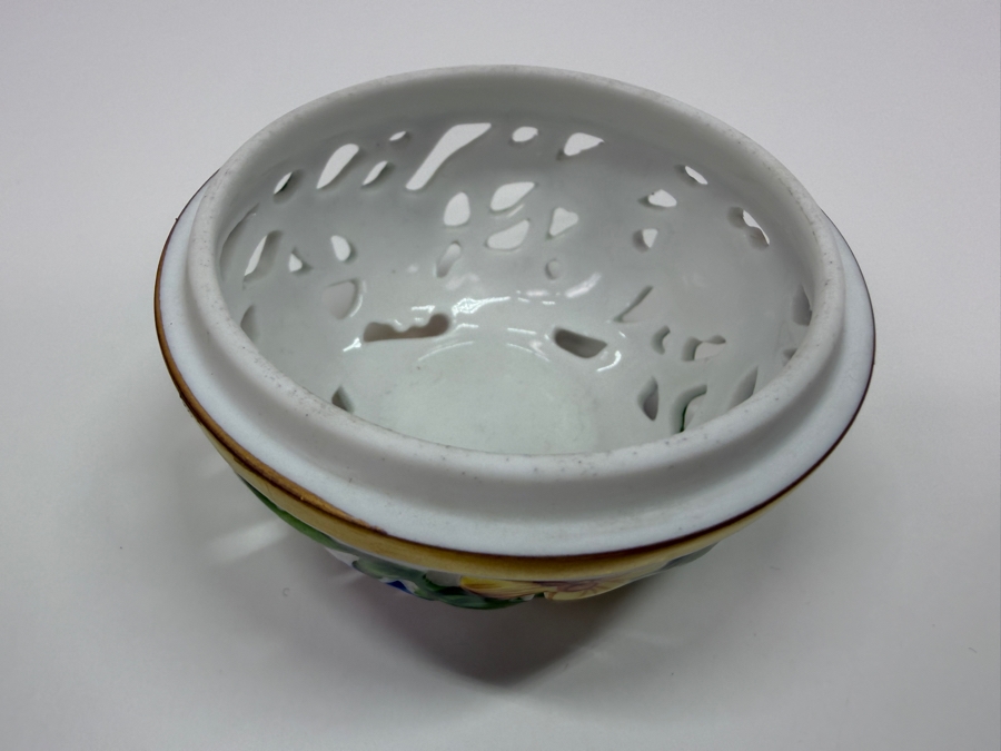 Herend Hand-Painted Reticulated Porcelain Floral Potpourri Box With Strawberry Finial 3'W X 3'H (RSF) [Photo 6]