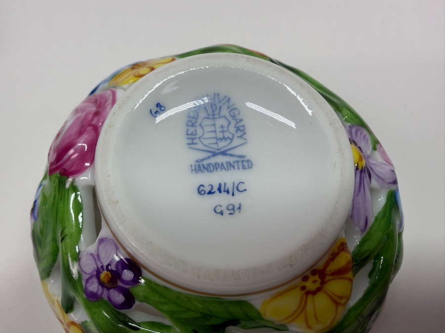 Herend Hand-Painted Reticulated Porcelain Floral Potpourri Box With Strawberry Finial 3'W X 3'H (RSF) [Photo 8]