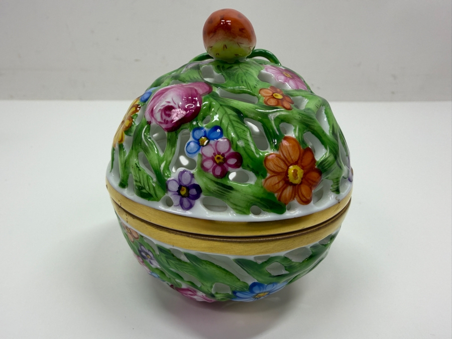Herend Hand-Painted Reticulated Porcelain Floral Potpourri Box With Strawberry Finial 3'W X 3'H (RSF) [Photo 3]