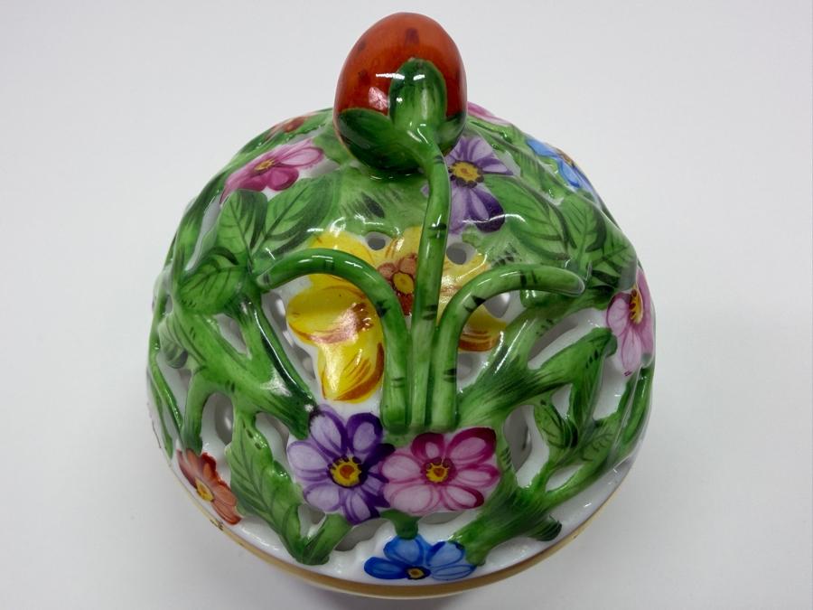 Herend Hand-Painted Reticulated Porcelain Floral Potpourri Box With Strawberry Finial 3'W X 3'H (RSF) [Photo 5]