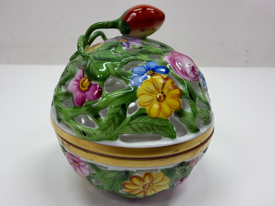 Herend Hand-Painted Reticulated Porcelain Floral Potpourri Box With Strawberry Finial 3'W X 3'H (RSF) [Photo 2]