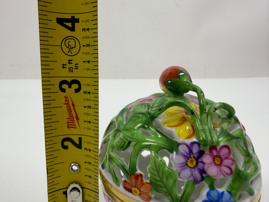 Herend Hand-Painted Reticulated Porcelain Floral Potpourri Box With Strawberry Finial 3'W X 3'H (RSF) [Photo 9]
