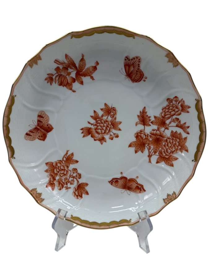 Herend Fortuna Rust Hand-Painted Porcelain Scalloped Serving Bowl With Butterflies And Gold Trim 10.75'W (RSF)