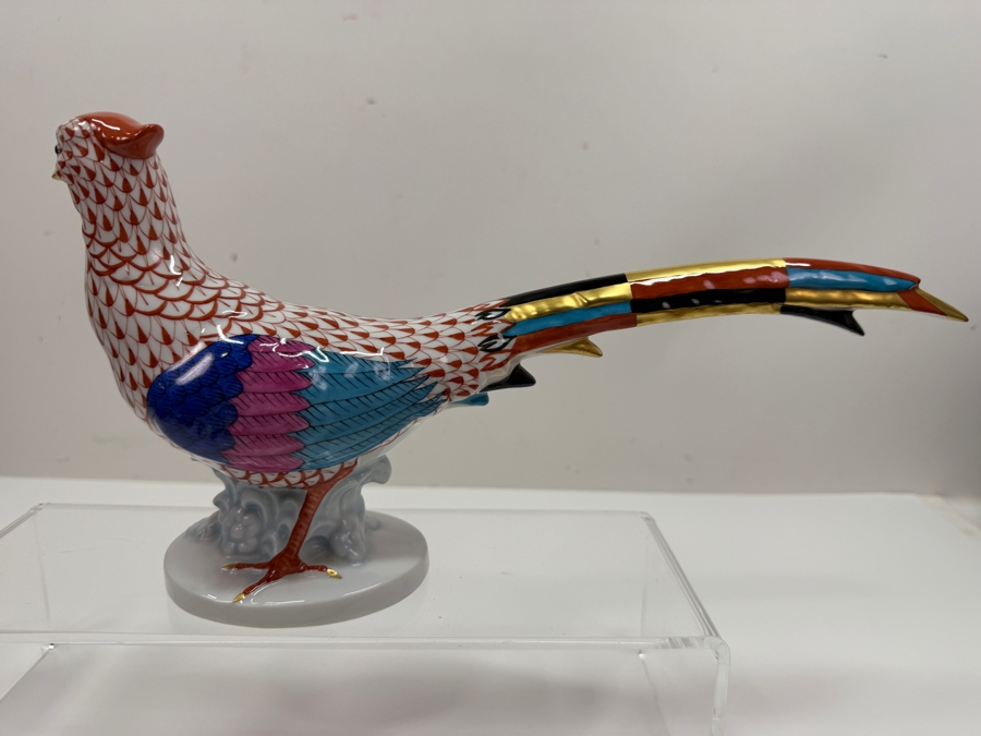 Herend Hand-Painted Porcelain Pheasant Figurine In Rust Fishnet Pattern With Multi-Colored Wings And Gold Accents 12'W X 3'D X 6.5'H (RSF) [Photo 7]
