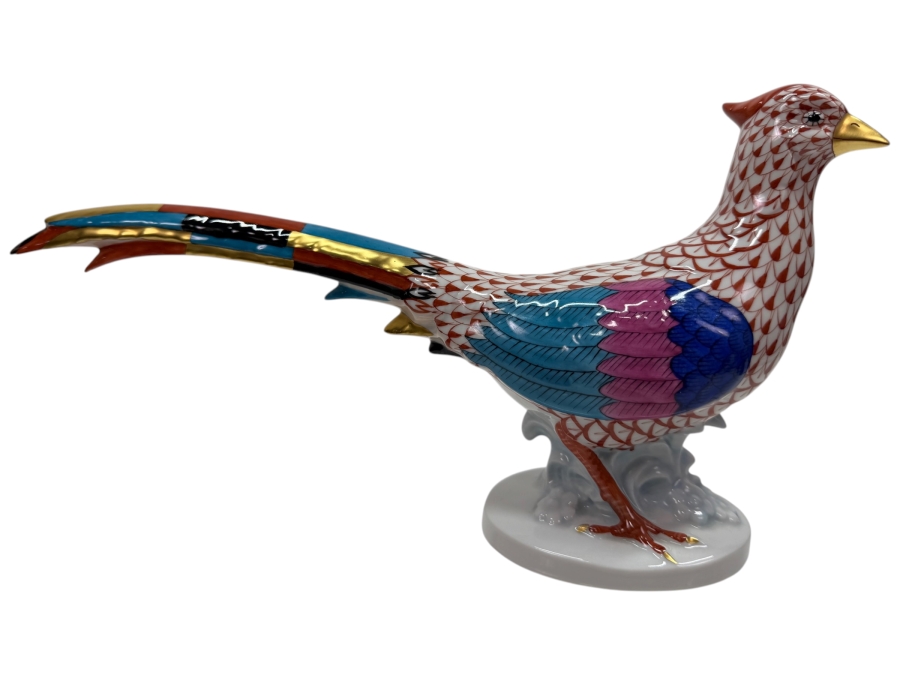 Herend Hand-Painted Porcelain Pheasant Figurine In Rust Fishnet Pattern With Multi-Colored Wings And Gold Accents 12'W X 3'D X 6.5'H (RSF)