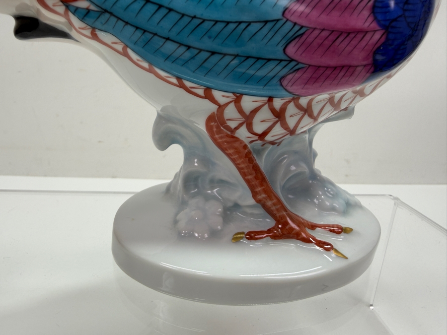 Herend Hand-Painted Porcelain Pheasant Figurine In Rust Fishnet Pattern With Multi-Colored Wings And Gold Accents 12'W X 3'D X 6.5'H (RSF) [Photo 5]