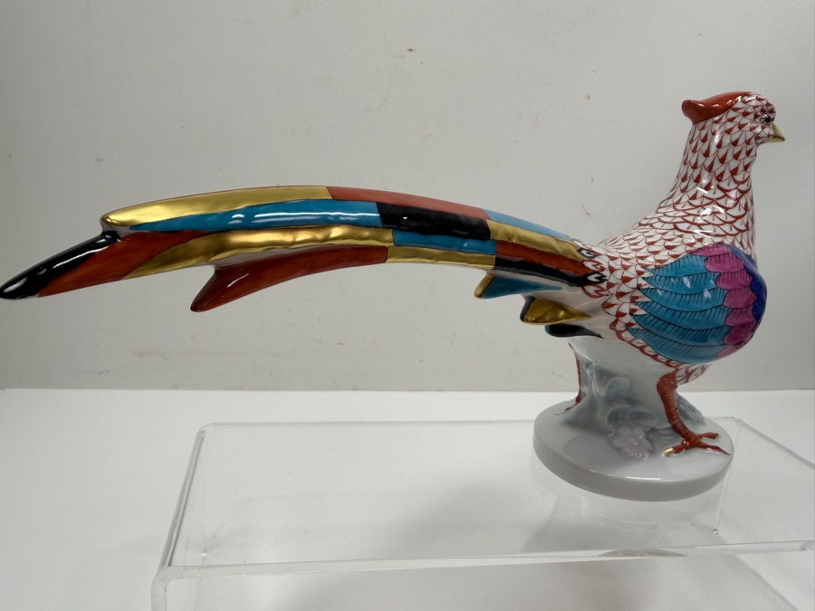 Herend Hand-Painted Porcelain Pheasant Figurine In Rust Fishnet Pattern With Multi-Colored Wings And Gold Accents 12'W X 3'D X 6.5'H (RSF) [Photo 6]